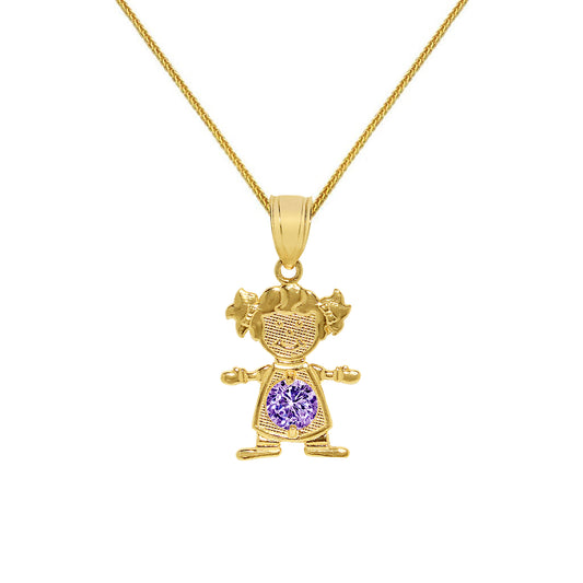 14k Yellow Gold Round-cut Cubic Zirconia June Birthstone Girl/Daughter Pendant with Square Wheat Chain
