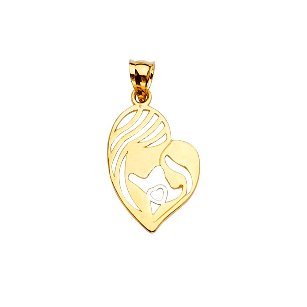 14k Yellow Gold Heart Shaped Mother and Child Pendant with Square Wheat Chain