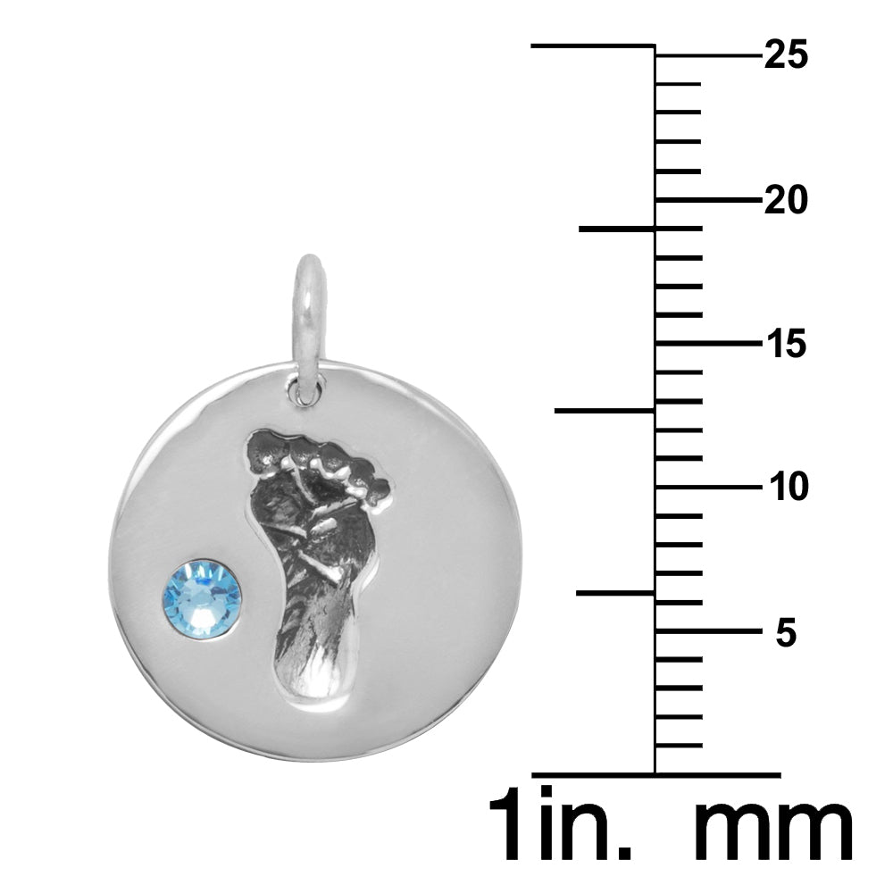 Sterling Silver Blue Crystal Baby Footprint and Heart Charm Necklace