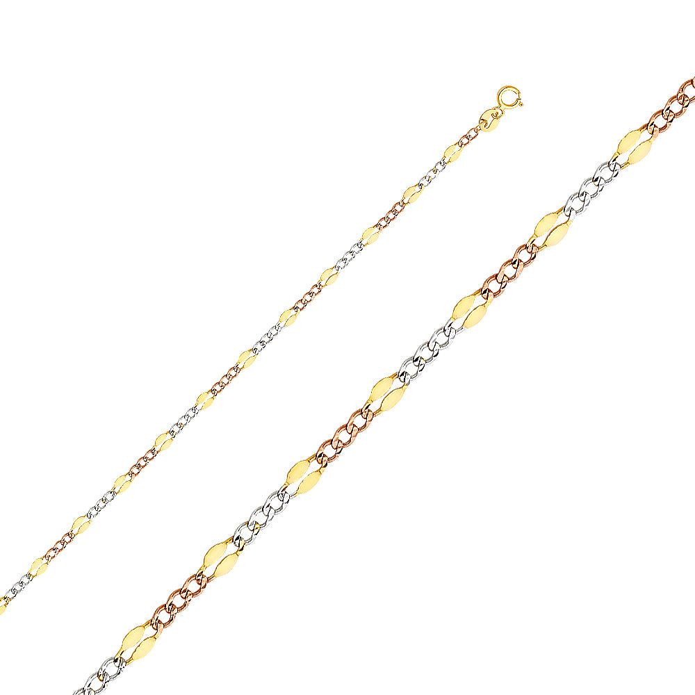 14k Tri-tone Gold 3.2mm Stamped Figaro Chain Necklace