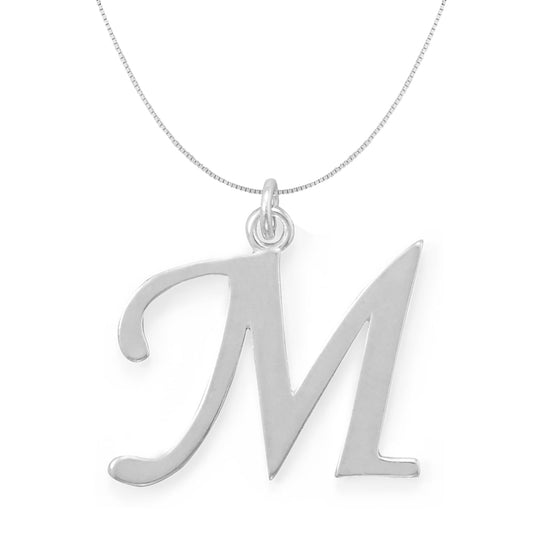 Sterling Silver Initial Letter M Pendant and Thin Box Chain