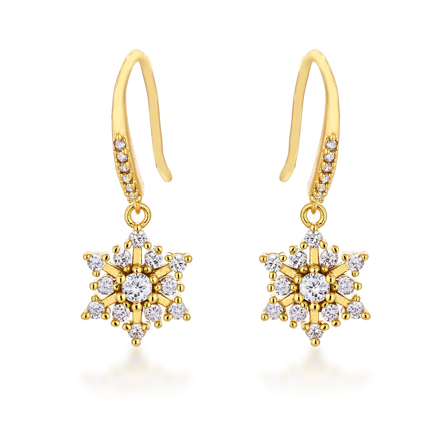 Winter Holiday Gold Plated Cubic Zirconia Snowflake Drop Earrings for Girls and Women