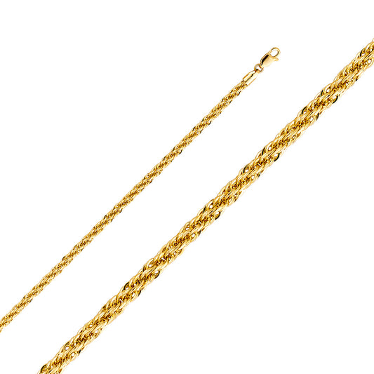 14k Yellow Gold 3.7mm Fancy Hollow Rope Chain Unisex Necklace