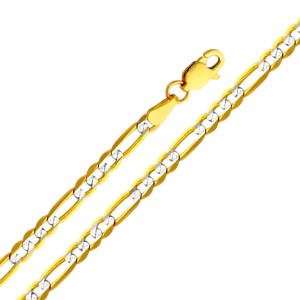 14k Two-tone Gold 3.1mm White Pave Light Figaro Unisex Chain Necklace