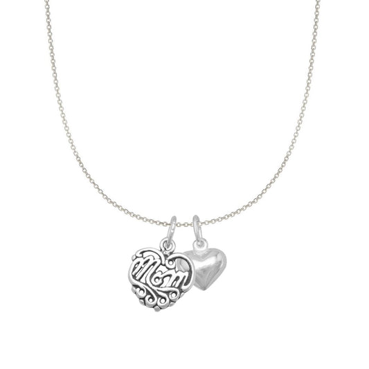 Sterling Silver Filigree Heart-shaped Mom and Heart Charm Necklace (24)