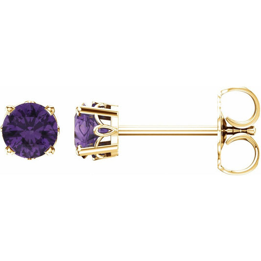 14k Yellow Gold Natural Amethyst 4-Prong Scroll Setting Stud Earrings