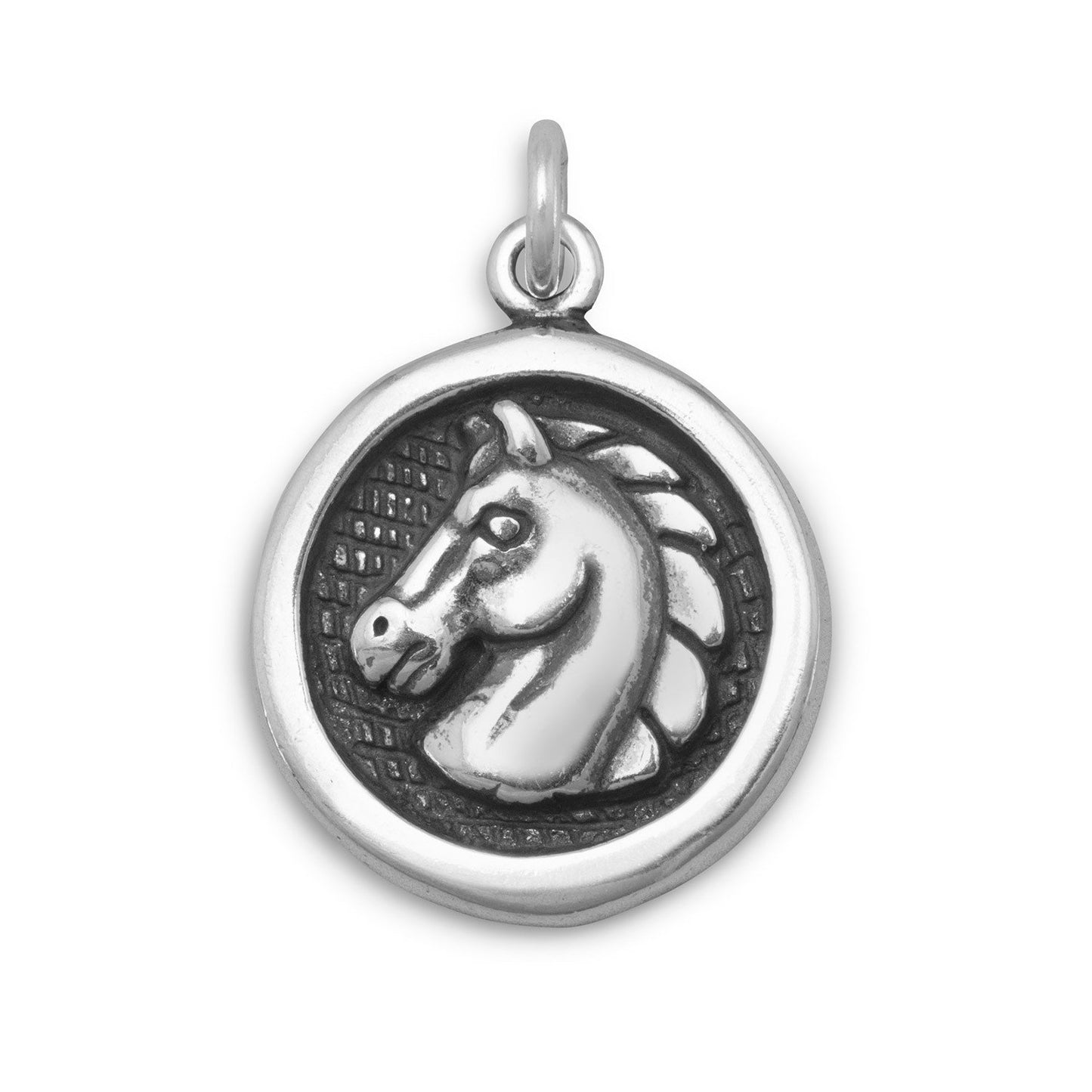 Sterling Silver Oxidized Disc Bracelet Charm with Horse Profile