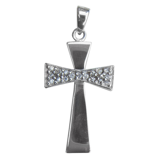 Sterling Silver Pave-Set Cubic Zirconia Flared Cross Religious Christian Pendant