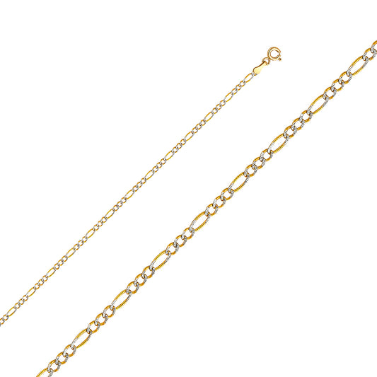 14k Two-tone Gold 2.1mm White Pave Figaro Chain Necklace