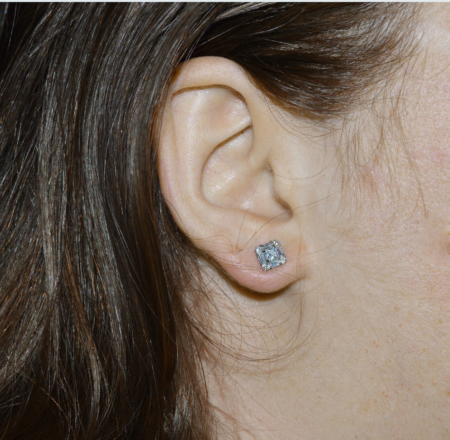 14k White Gold 7 mm Square Princess & Baguette-cut Cubic Zirconia Stud Earrings