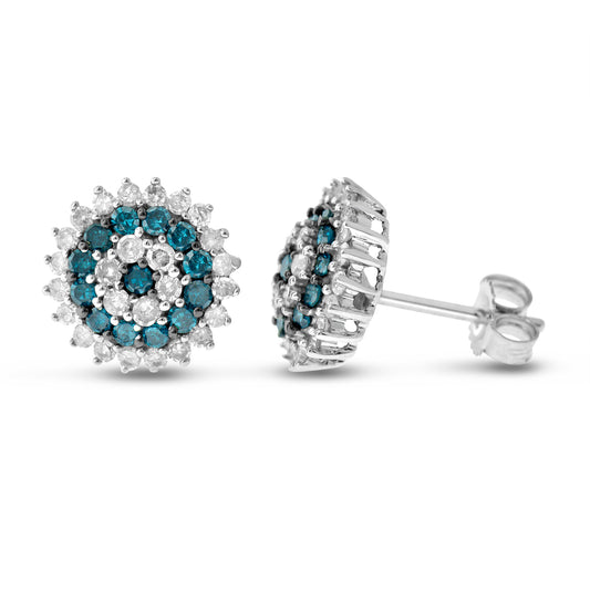Sterling Silver 1ct TDW Blue and White Diamond Cluster Stud Earrings