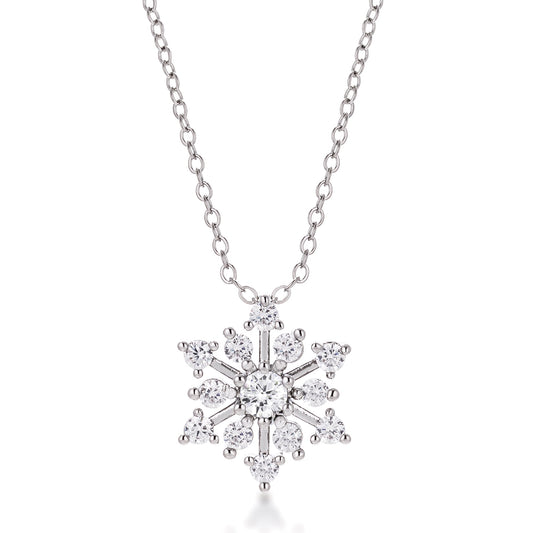 Winter Holiday Silvertone Rhodium Plated Cubic Zirconia Snowflake Necklace for Girls and Women