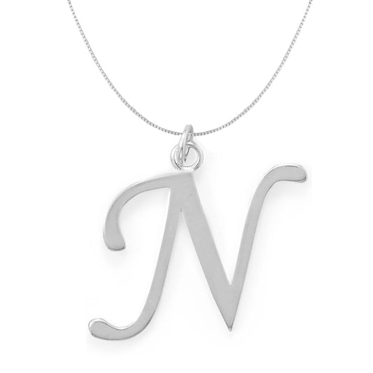 Sterling Silver Initial Letter N Pendant and Thin Box Chain
