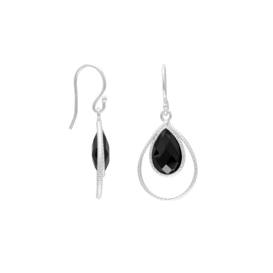 Sterling Silver Pear-cut Faceted Black Onyx Dangling Earrings