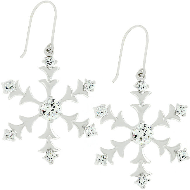 Precious Stars Silvertone Round Cubic Zirconia Snowflake Dangling Earrings