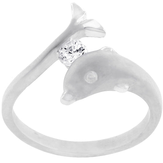 Precious Stars Silvertone Matte Finish Cubic Zirconia Dolphin Ring