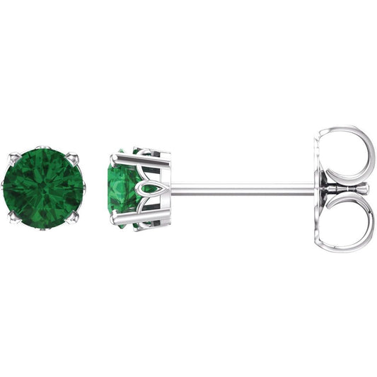 14k White Gold Lab-Grown Emerald 4-Prong Scroll Setting Stud Earrings