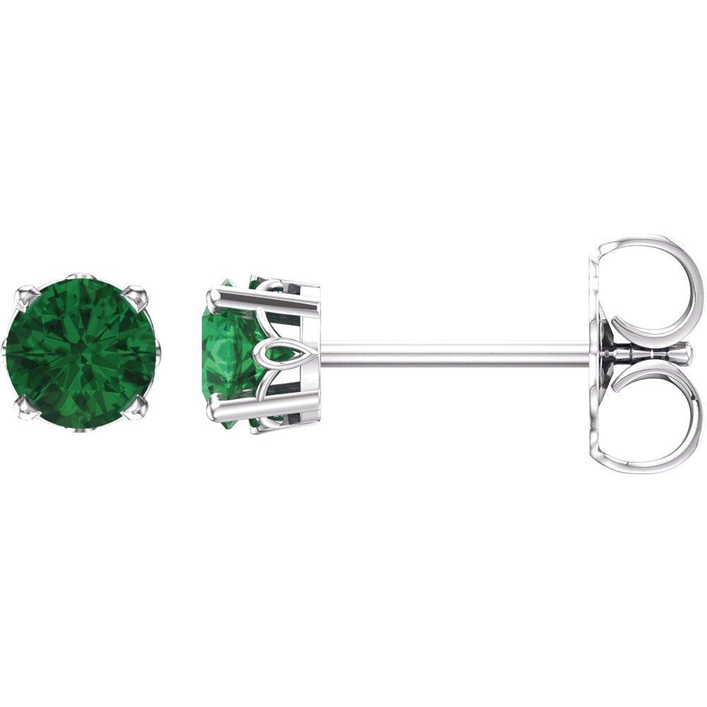 14k White Gold Lab-Grown Emerald 4-Prong Scroll Setting Stud Earrings