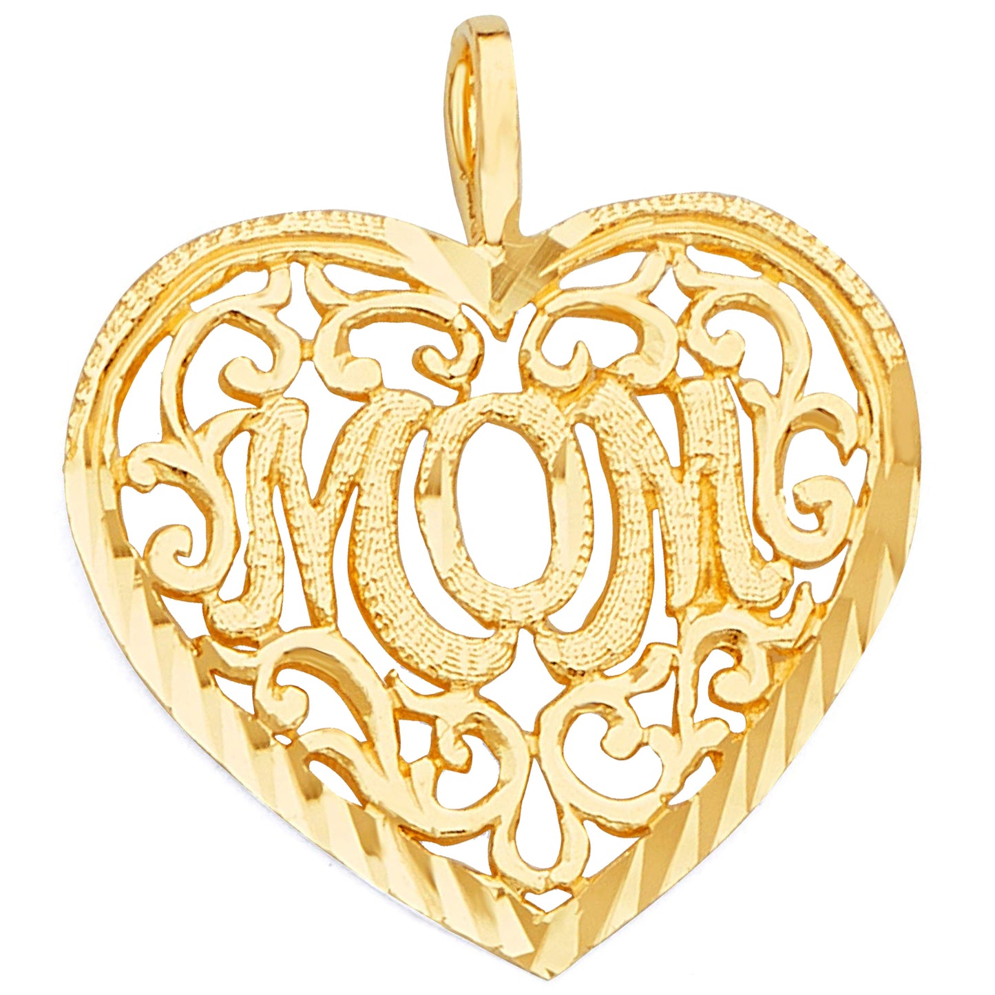 14k Yellow Gold Filigree Heart 'Mom' Mother's Day Pendant with Square Wheat Chain