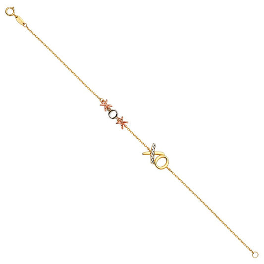 14K Tri-Tone Gold 'XOXO' Charm Chain 7"+1" Ladies Bracelet