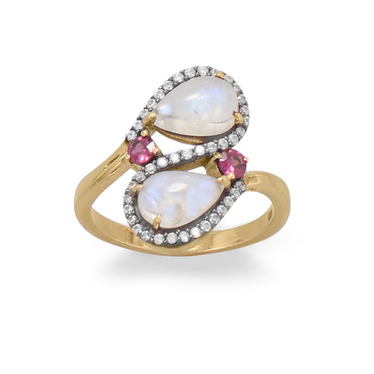 14k Goldplated Silver Moonstone and Rhodolite Ring