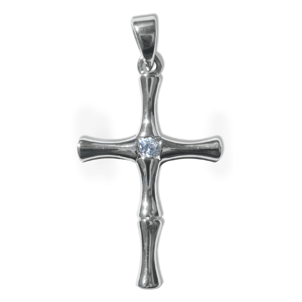 Sterling Silver Cubic Zirconia Bamboo Cross Pendant