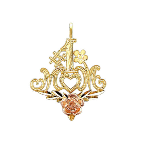 14k Yellow and Rose Gold #1 Mom Rose Design Mother's Day Pendant with 1.5mm Flat Wheat Chain