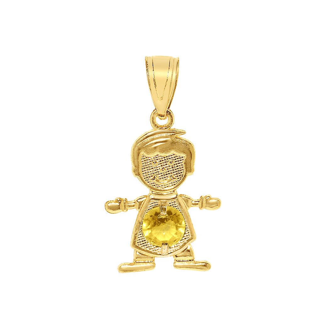 14k Yellow Gold Round-cut Cubic Zirconia November Birthstone Boy/Son Pendant with Square Wheat Chain