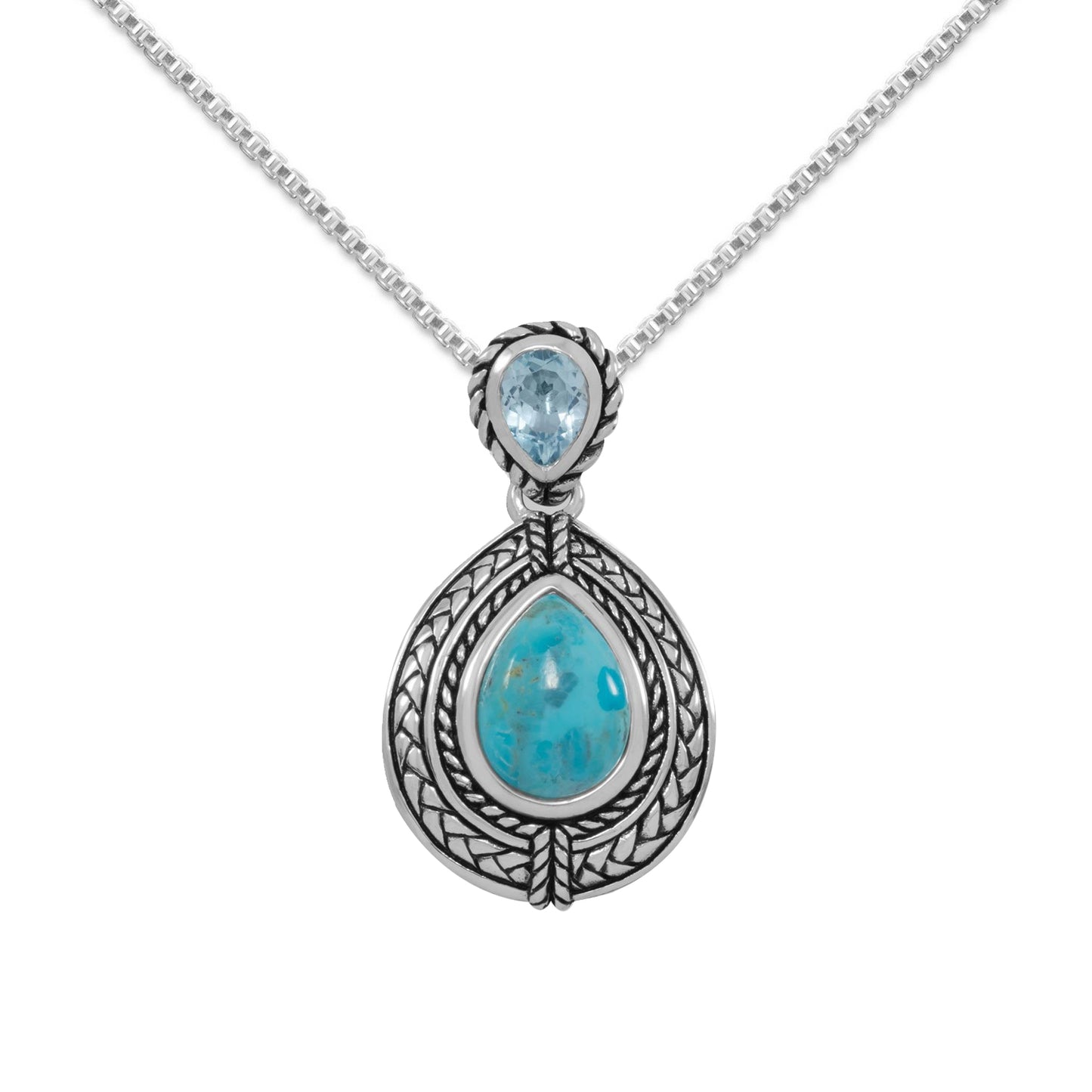 Precious Stars Jewelry Oxidized Sterling Silver Turquoise and Blue Topaz Drop Pendant with 1.5mm Box Chain