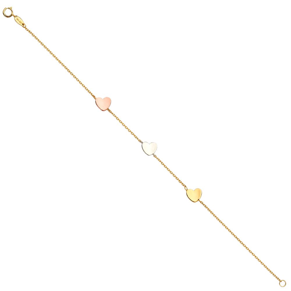 14K Tri-Tone Gold Heart Charm Chain 7"+1" Ladies Bracelet