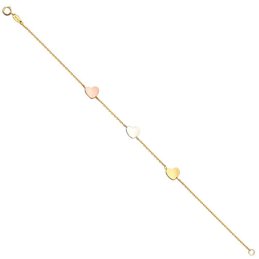 14K Tri-Tone Gold Heart Charm Chain 7"+1" Ladies Bracelet
