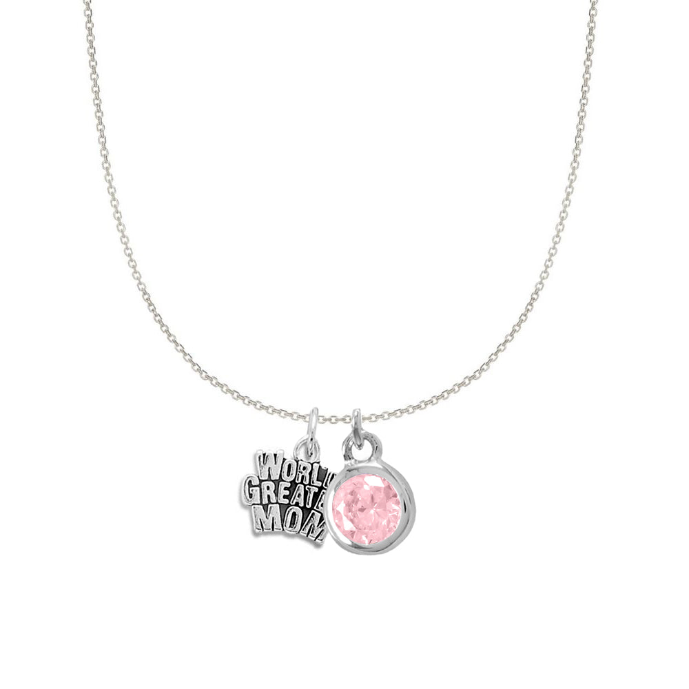 Sterling Silver World's Greatest Mom and October Birsthstone Charm Necklace