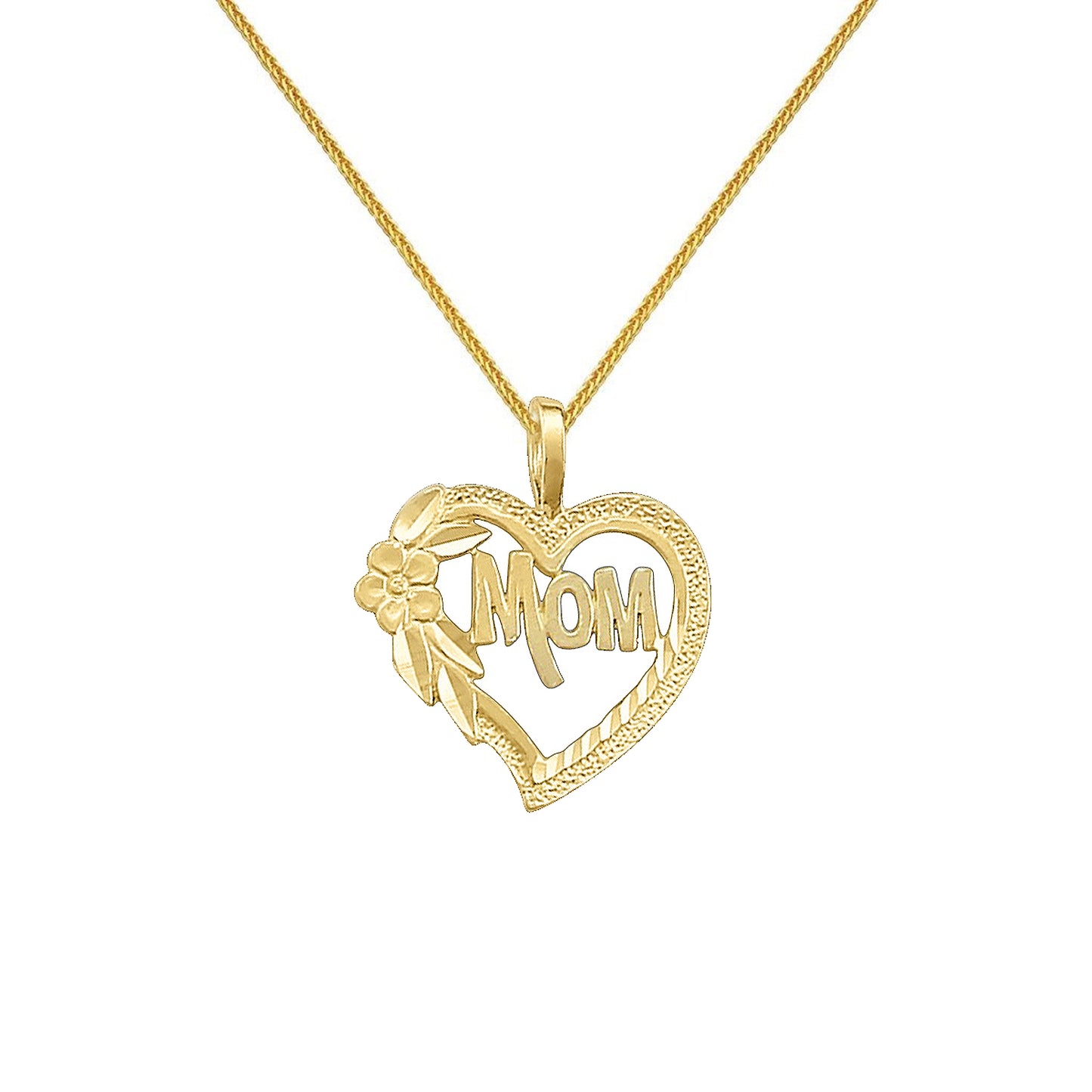 14k Yellow Gold 'Mom' Floral Heart Pendant with Square Wheat Chain