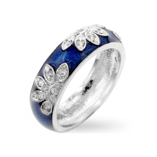 Precious Stars Silvertone Blue Enamel and Cubic Zirconia Floral Ring
