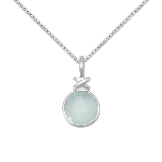 Precious Stars Jewelry Sterling Silver Round-Shape Green Chalcedony 'X' Design Pendant with 1.5mm Box Chain