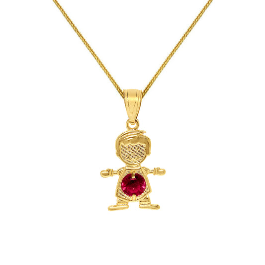 14k Yellow Gold Round-cut Cubic Zirconia July Birthstone Boy/Son Pendant with Square Wheat Chain