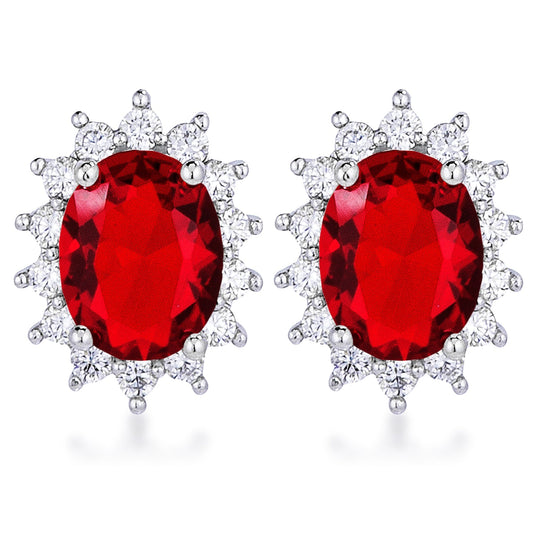 Precious Stars Silvertone Red Cubic Zirconia Oval Royal Earring Studs