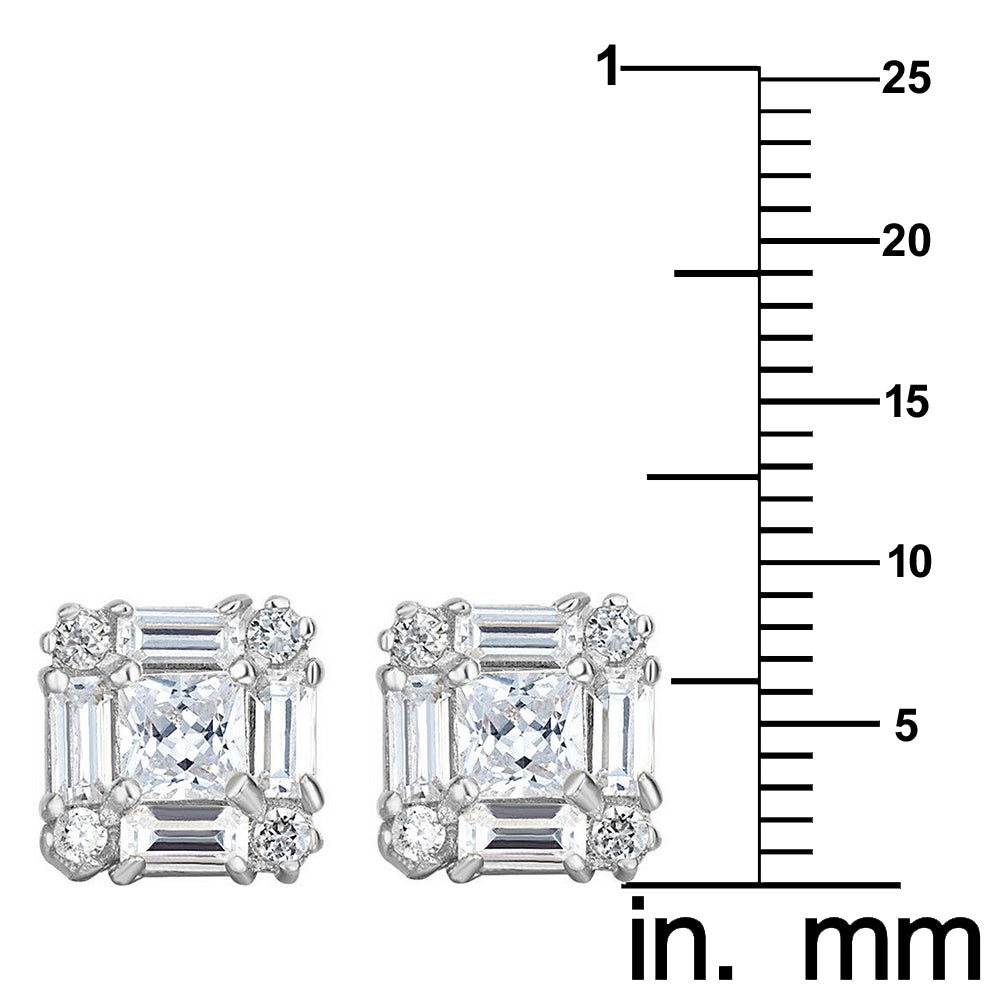 14k White Gold 9.3mm Square Princess & Baguette-cut Cubic Zirconia Stud Earrings
