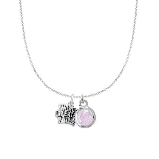 Sterling Silver World's Greatest Mom and June Birsthstone Charm Necklace