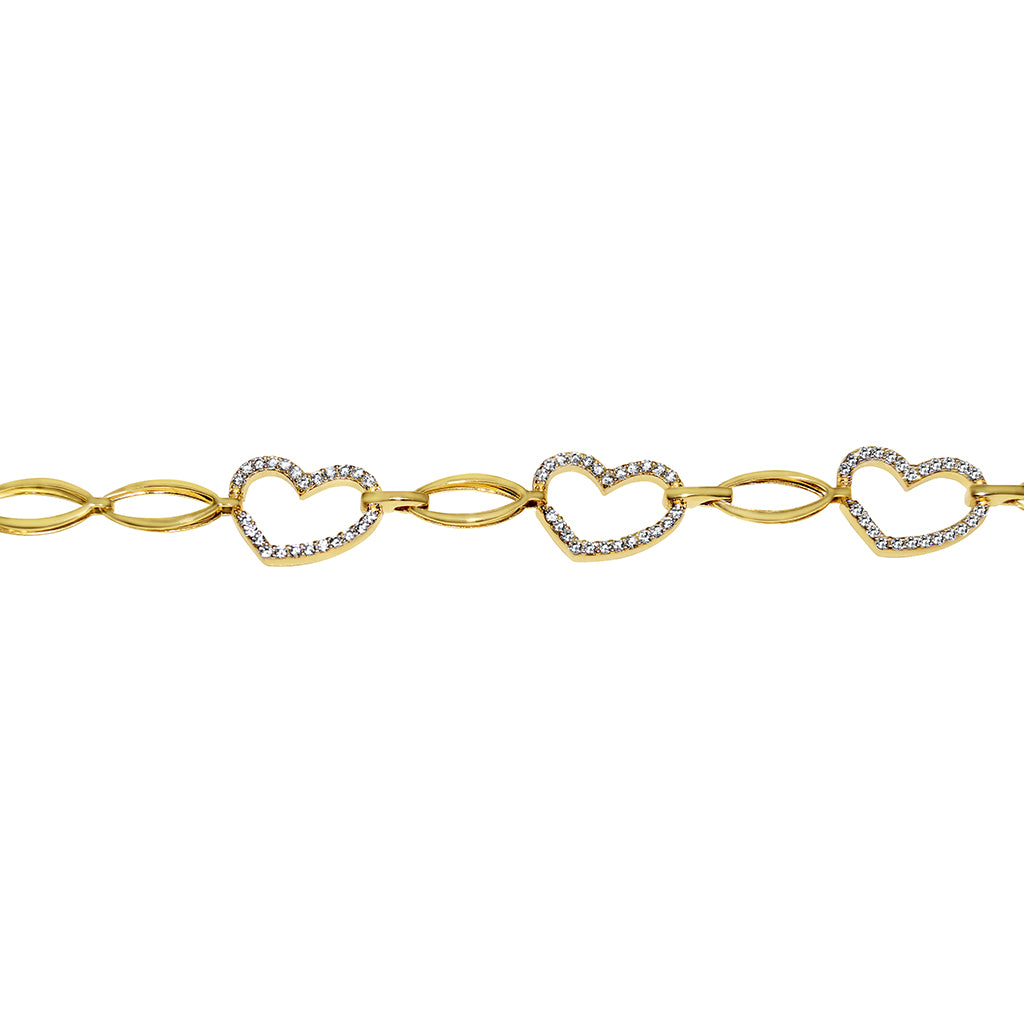 14k Yellow Gold Large Link Cubic Zirconia Heart Bracelet