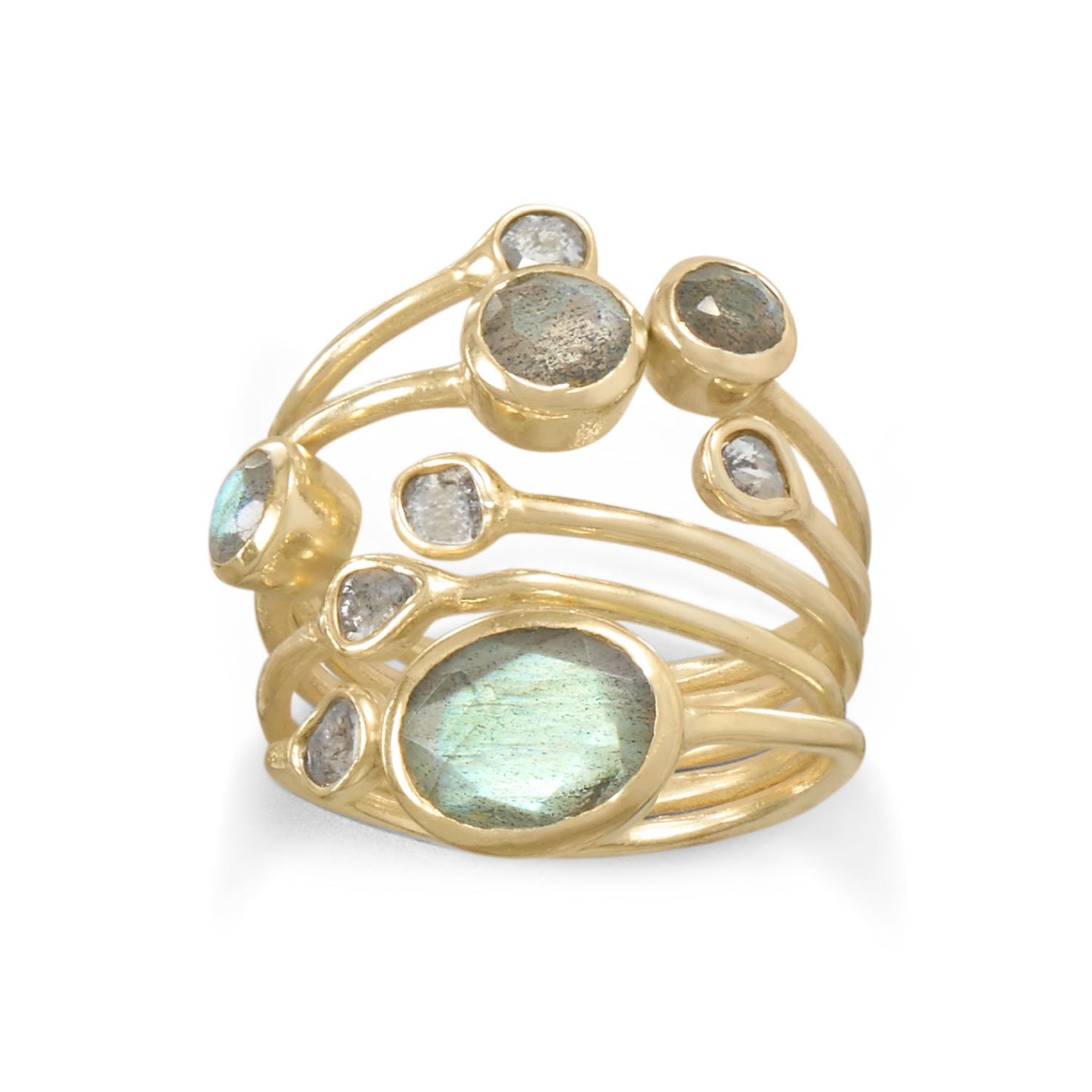 14k Yellow Goldplated Silver Multi-Row Labradorite and Polki Diamond Ring