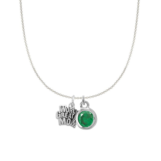 Sterling Silver World's Greatest Mom and May Birsthstone Charm Necklace