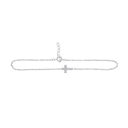 14k White Gold Cubic Zirconia Sideways Cross Chain Bracelet