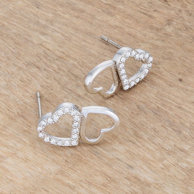 Precious Stars Silvertone Cubic Zirconia Double Heart Earring Studs