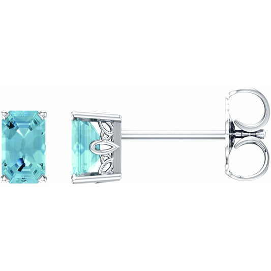 14k White Gold Natural Aquamarine Emerald-cut Stud Earrings