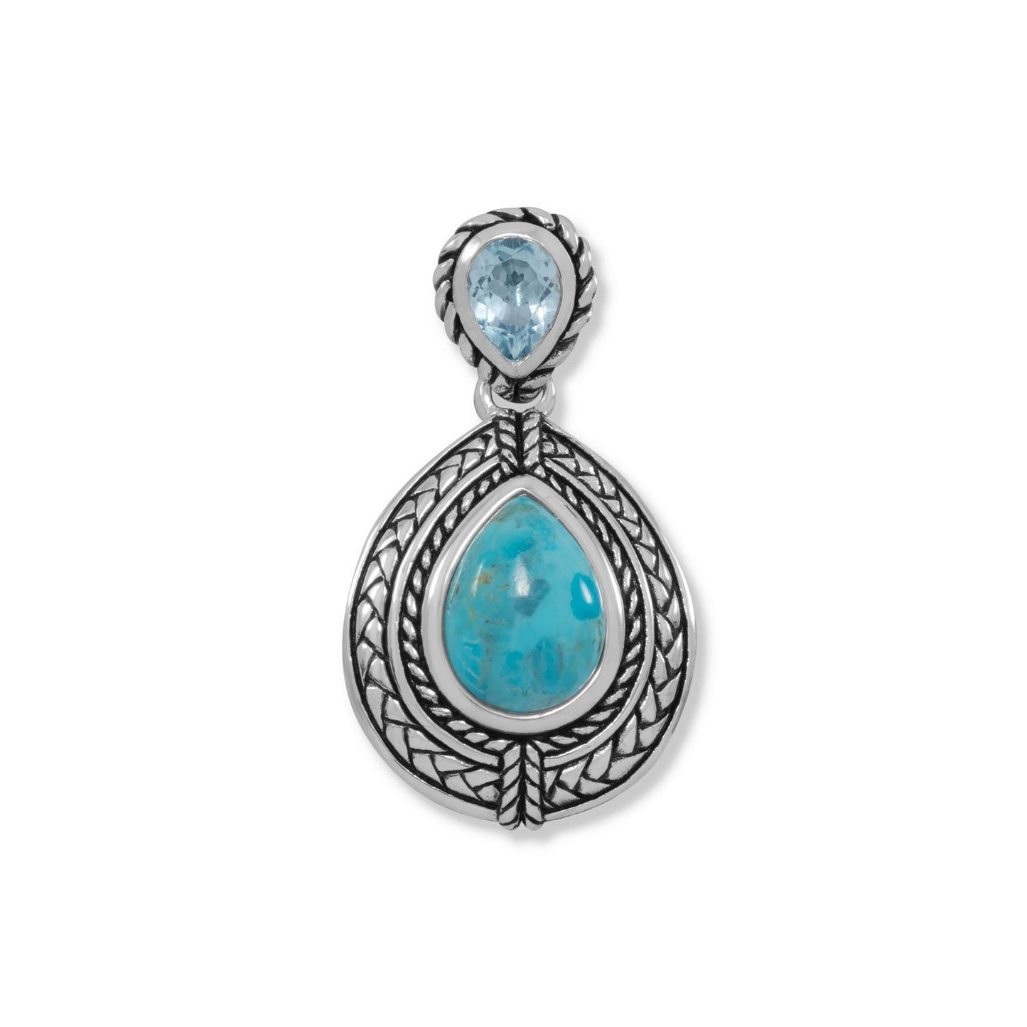 Precious Stars Jewelry Oxidized Sterling Silver Turquoise and Blue Topaz Drop Pendant with 1.5mm Box Chain