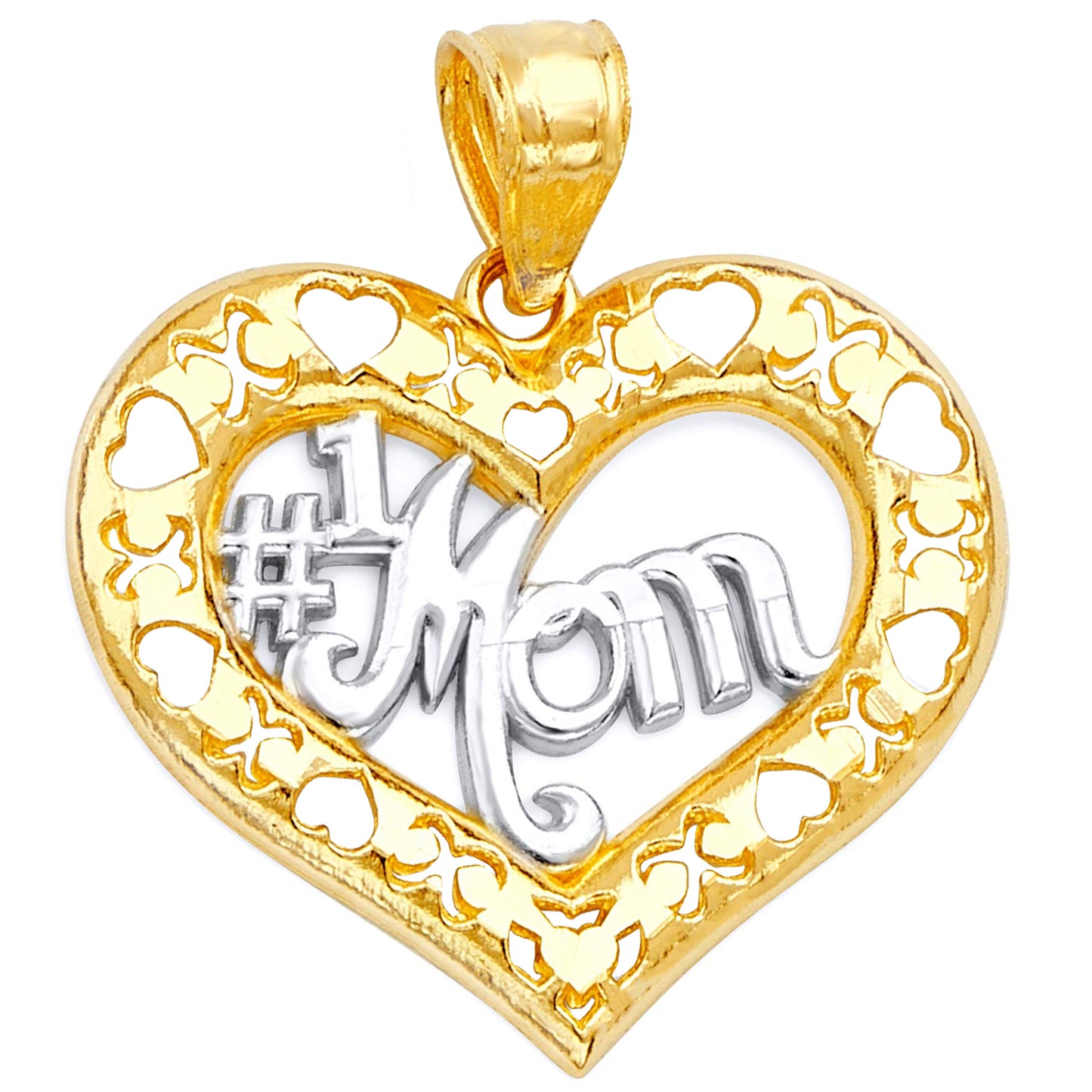 14k Two-tone Gold Open Heart '#1 Mom' Mother's Day Pendant with Square Wheat Chain