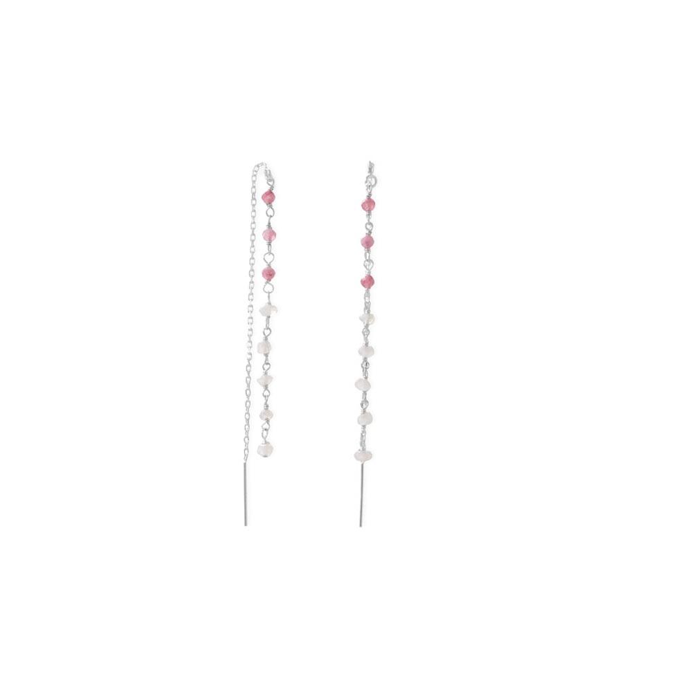 Sterling Silver Rainbow Moonstone and Pink Tourmaline Threader Earrings