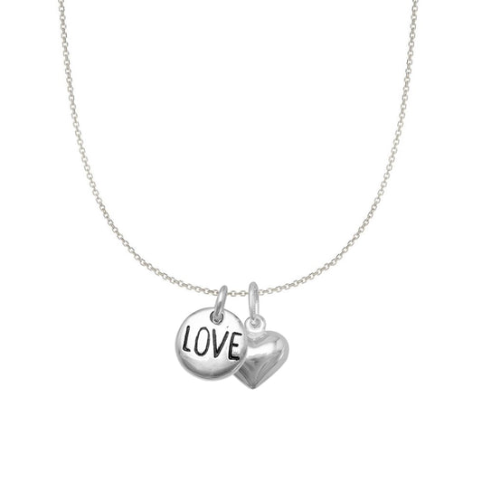 Sterling Silver Heart and 'Love' Charm Necklace