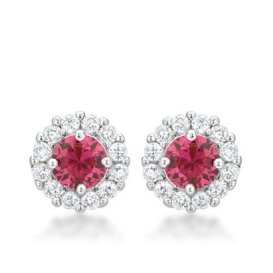 Precious Stars Silvertone Bright Pink Cubic Zirconia Halo Stud Earrings